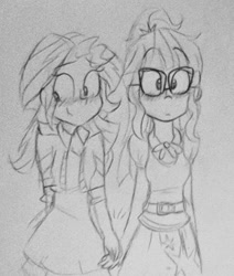 Size: 543x639 | Tagged: safe, artist:rozzertrask, imported from derpibooru, sci-twi, sunset shimmer, twilight sparkle, equestria girls, blushing, clothes, cute, duo, female, glasses, grayscale, holding hands, lesbian, looking away, monochrome, scitwishimmer, shipping, sketch, smiling, sunsetsparkle, traditional art