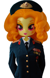 Size: 479x748 | Tagged: safe, artist:whatthehell!?, edit, imported from derpibooru, adagio dazzle, equestria girls, clothes, doll, equestria girls minis, hat, irl, medals, military uniform, outfit, photo, simple background, soviet, toy, transparent background