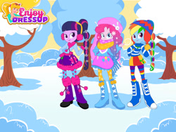 Size: 1024x768 | Tagged: safe, artist:user15432, imported from derpibooru, pinkie pie, rainbow dash, twilight sparkle, human, equestria girls, alternate hairstyle, bootleg, boots, bundled up for winter, clothes, dressup, dressup game, earmuffs, enjoy dressup, eqg promo pose set, flash game, gloves, gradient hair, hairstyle, hasbro, hasbro studios, hat, high heel boots, high heels, leggings, mittens, scarf, shoes, snow, trio, twilight sparkle (alicorn), winter, winter boots, winter cap, winter clothes, winter coat, winter hat, winter outfit, wintertime