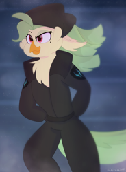 Size: 2550x3456 | Tagged: safe, artist:saveraedae, imported from derpibooru, captain celaeno, anthro, bird, my little pony: the movie, cloud, female, serious, serious face, solo, storm king's messenger outfit, wind