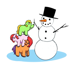 Size: 857x763 | Tagged: safe, artist:bluefluff, imported from derpibooru, fluffy pony, pony, carrot, food, generic pony, hat, hugbox, snowman, top hat, winter