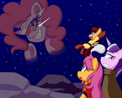 Size: 1000x800 | Tagged: safe, artist:jake heritagu, imported from derpibooru, pinkie pie, scootaloo, starlight glimmer, oc, oc:lightning blitz, pegasus, pony, ask hotblooded pinkie, comic:ask motherly scootaloo, baby, baby pony, cloak, clothes, colt, goku, hotblooded pinkie pie, kamina sunglasses, male, motherly scootaloo, offspring, older, older scootaloo, parent:rain catcher, parent:scootaloo, parents:catcherloo, saitama, son goku, stars, triangle shades