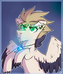 Size: 1341x1573 | Tagged: safe, artist:sugarstar, imported from derpibooru, oc, oc only, pegasus, pony, claws, ear piercing, earring, glowing eyes, jewelry, magic, male, pendant, piercing, simple background, solo, stallion, wings