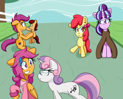 Size: 1000x800 | Tagged: safe, artist:jake heritagu, imported from derpibooru, apple bloom, scootaloo, starlight glimmer, sweetie belle, oc, oc:lightning blitz, pegasus, pony, ask post-crusade, comic:ask motherly scootaloo, alternate cutie mark, baby, baby pony, cloak, clothes, colt, cutie mark crusaders, female, glasses, hairpin, holding a pony, male, mother and son, motherly scootaloo, offspring, older, older scootaloo, parent:rain catcher, parent:scootaloo, parents:catcherloo, post crusade scootaloo, post-crusade, self paradox, sweatshirt