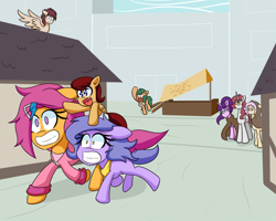 Size: 1000x800 | Tagged: safe, artist:jake heritagu, imported from derpibooru, scootaloo, starlight glimmer, oc, oc:billie, oc:gimmick, oc:lightning blitz, oc:needlework, oc:pepper, earth pony, pegasus, pony, unicorn, ask billie the kid, comic:ask motherly scootaloo, baby, baby pony, cloak, clothes, colt, hairpin, male, motherly scootaloo, my cabbages, offspring, older, older scootaloo, parent:rain catcher, parent:scootaloo, parents:catcherloo, ponies riding ponies, pony hat, riding, sweatshirt