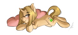 Size: 1280x575 | Tagged: safe, artist:sugarstar, imported from derpibooru, oc, oc only, oc:alex, pony, blushing, crossed hooves, glasses, heart, horn, looking at you, lying down, male, pillow, sexy, simple background, smiling, solo, stallion, transparent background