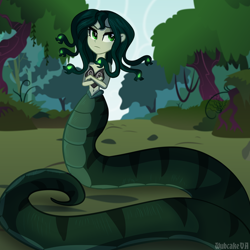 Size: 900x900 | Tagged: safe, artist:rainbowrage12, artist:wubcakeva, imported from derpibooru, oc, oc only, oc:medusa, gorgon, lamia, medusa, original species, equestria girls, clothes, crossed arms, equestria girls-ified, female, forest, mythology, scenery, solo, unamused