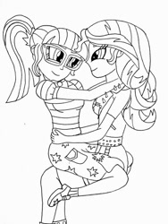 Size: 720x960 | Tagged: safe, artist:xethshade, imported from derpibooru, sci-twi, sunset shimmer, twilight sparkle, equestria girls, equestria girls series, female, hug, lesbian, lineart, looking at each other, scitwishimmer, shipping, sitting on person, sunsetsparkle