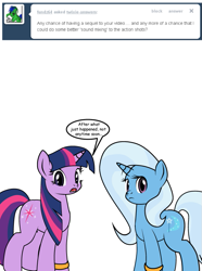 Size: 595x800 | Tagged: safe, artist:dekomaru, imported from derpibooru, trixie, twilight sparkle, tumblr:ask twixie, ask, female, lesbian, shipping, tumblr, twixie