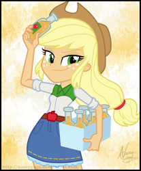 Size: 1749x2110 | Tagged: safe, artist:lunchie, artist:namygaga, imported from derpibooru, applejack, equestria girls, rainbow rocks, belt, belt buckle, bottle, box, cider, clothes, cowboy hat, cowgirl, cute, denim skirt, end credits, female, freckles, hat, jackabetes, shine like rainbows, show accurate, skirt, smiling, solo, stetson