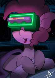 Size: 2893x4092 | Tagged: safe, artist:ahekao, imported from derpibooru, pinkie pie, pony, comic:the most powerful adventure, bed, blanket, cute, female, goggles, mare, open mouth, solo, the most biggest adventure, tongue out, vhs, virtual reality, vr goggles, vr headset