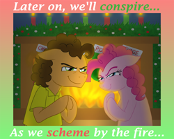 Size: 1800x1450 | Tagged: safe, artist:crazynutbob, imported from derpibooru, cheese sandwich, pinkie pie, berries, berry, candle, candlelight, clothes, devious, devious smile, evil grin, fire, fireplace, grin, hearth's warming, narrowed eyes, plotting, pure unfiltered evil, rubbing hooves, smiling, song parody, stockings