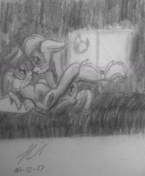 Size: 900x1090 | Tagged: safe, artist:jackmuir, deleted from derpibooru, imported from derpibooru, oc, oc only, bed, cuddling, female, lesbian, looking at each other, love, moon, shipping, traditional art, window