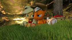 Size: 3840x2160 | Tagged: safe, artist:fiery_lightning, imported from derpibooru, applejack, oc, oc:steel wing, 3d, alcohol, apple, bowl, female, food, grass, hat, male, oc x oc, pine tree, shipping, source filmmaker, straight, sunset, tree, vodka