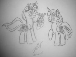 Size: 900x677 | Tagged: safe, artist:jackmuir, deleted from derpibooru, imported from derpibooru, princess luna, twilight sparkle, alicorn, blushing, female, flower, lesbian, shipping, traditional art, twilight sparkle (alicorn), twiluna