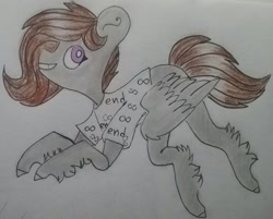 Size: 768x618 | Tagged: safe, artist:cactus-control, imported from derpibooru, oc, oc only, original species, pegasus, clothes, fluffy, purple eyes, shirt, simple background, smiling, traditional art, white background