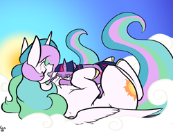 Size: 1559x1184 | Tagged: safe, artist:greyscaleart, imported from derpibooru, princess celestia, twilight sparkle, pony, the tiny apprentice, chest fluff, cloud, cuddling, cute, cutelestia, cuteness overload, duo, eyes closed, female, filly, filly twilight sparkle, greyscaleart is trying to murder us, mare, momlestia, open mouth, smiling, sun, twiabetes, weapons-grade cute, younger