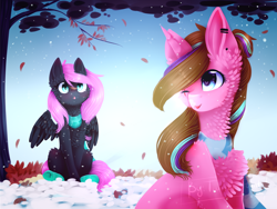 Size: 2000x1501 | Tagged: safe, artist:twinkepaint, imported from derpibooru, oc, oc only, oc:cloudy night, oc:twinke paint, pegasus, pony, unicorn, chest fluff, clothes, digital art, female, mare, scarf, snow