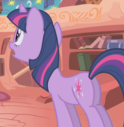 Size: 536x550 | Tagged: safe, imported from derpibooru, screencap, twilight sparkle, unicorn, winter wrap up, butt, cropped, female, golden oaks library, plot, solo, twibutt, unicorn twilight