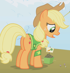 Size: 626x653 | Tagged: safe, imported from derpibooru, screencap, applejack, earth pony, pony, winter wrap up, butt, cropped, female, freckles, looking down, mare, open mouth, plot, solo