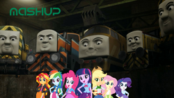 Size: 1275x717 | Tagged: safe, artist:tgvduplex, imported from derpibooru, applejack, fluttershy, pinkie pie, rainbow dash, rarity, sunset shimmer, twilight sparkle, equestria girls, arry, bert, dart, den, diesel 10, diesel locomotive, locomotive, mashup, music video, not salmon, thomas the tank engine, train, vicarstown dieselworks, wat