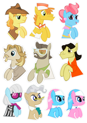 Size: 2480x3508 | Tagged: safe, artist:oceanbreezebrony, imported from derpibooru, aloe, braeburn, carrot cake, colter sobchak, cup cake, jeff letrotski, lotus blossom, mayor mare, photo finish, theodore donald "donny" kerabatsos, pony, donny, female, high res, male, mare, show accurate, simple background, stallion, sticker, transparent background, walter sobchak