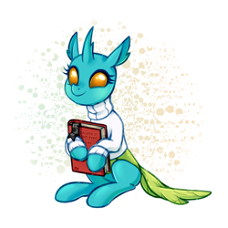 Size: 900x900 | Tagged: safe, artist:jumblehorse, deleted from derpibooru, imported from derpibooru, urtica, changedling, changeling, book, clothes, cute, cuteling, sitting, smiling, solo, sweater