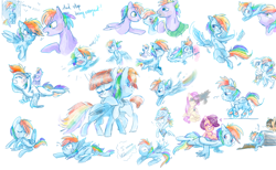 Size: 1024x630 | Tagged: dead source, safe, artist:pinkablue, imported from derpibooru, bow hothoof, fluttershy, gilda, hoops, rainbow blaze, rainbow dash, scootaloo, windy whistles, griffon, pegasus, pony, doodles, flying, juice, juice box, sketch, sketch dump, training, trash can, younger