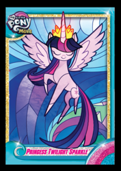 Size: 425x600 | Tagged: safe, artist:alexia tryfon, imported from derpibooru, twilight sparkle, alicorn, pony, my little pony: the movie, the art of my little pony: the movie, deleted scene, female, flying, foil cards, mare, my little pony logo, solo, spread wings, stained glass, twilight sparkle (alicorn), wings