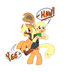 Size: 1780x1834 | Tagged: safe, artist:thebirdiebin, imported from derpibooru, applejack, earth pony, human, pony, bridle, female, human ponidox, humanized, humans riding ponies, mare, rearing, reins, riding, saddle, self ponidox, simple background, stirrups, tack, transparent background, yeehaw