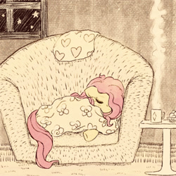 Size: 1559x1559 | Tagged: safe, artist:sigpi, imported from derpibooru, fluttershy, pegasus, pony, blanket, chair, chocolate, comfy, cottagecore, couch, cozy, cute, eyes closed, female, food, hot chocolate, mare, night, shyabetes, sleeping, solo, window