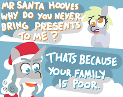 Size: 860x674 | Tagged: safe, artist:threetwotwo32232, imported from derpibooru, derpy hooves, star swirl the bearded, pegasus, pony, unicorn, christmas, clothes, cloud, cloudy, comic, costume, dialogue, female, filly, hat, hayate the combat butler, holiday, male, open mouth, parody, poor, santa costume, santa hat, smiling, snow, stallion, younger