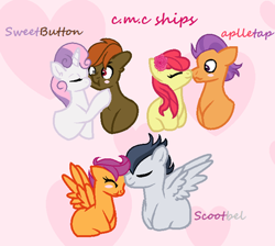 Size: 400x358 | Tagged: safe, artist:rose-moonlightowo, imported from derpibooru, apple bloom, button mash, rumble, scootaloo, sweetie belle, tender taps, earth pony, pegasus, pony, unicorn, female, heart, kissing, male, nuzzling, pink background, rumbloo, shipping, simple background, straight, sweetiemash, tenderbloom