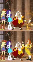 Size: 645x1203 | Tagged: safe, artist:jeffersonfan99, imported from derpibooru, applejack, rarity, equestria girls, 18th century, angry german kid, bare shoulders, baroque outfit, beauty and the beast, boots, buckled shoes, butler, clothes, coat, cogsworth, cowboy boots, disney, disney princess, ewan mcgregor, fall formal outfits, female, footman, happy, ian mckellen, knee high socks, knee-high boots, lumiere, meme, powdered wig, rarijack, reunion, shipping, shoes, strapless, thomas jefferson, transformation