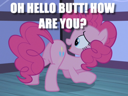 Size: 802x606 | Tagged: safe, edit, edited screencap, imported from derpibooru, screencap, pinkie pie, baby cakes, butt, caption, image macro, meme, pinkie being pinkie, plot, question, talking to butt