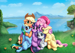 Size: 3508x2480 | Tagged: safe, artist:alcor, imported from derpibooru, applejack, fluttershy, pinkie pie, rainbow dash, rarity, twilight sparkle, alicorn, earth pony, pegasus, pony, unicorn, applejack's hat, best friends, chest fluff, cowboy hat, cute, cuteamena, dashabetes, diapinkes, ear fluff, eyes closed, female, floppy ears, flower, fluffy, grass, group hug, group photo, happy, hat, hug, jackabetes, lake, looking at you, mane six, mare, mountain, nature, one eye closed, pinkamena diane pie, pony pile, raribetes, shyabetes, sky, smiling, tree, twiabetes, twilight sparkle (alicorn), wall of tags, wallpaper, wing hands, winghug