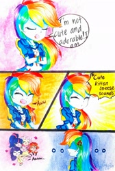 Size: 2119x3144 | Tagged: safe, artist:liaaqila, imported from derpibooru, applejack, fluttershy, pinkie pie, rainbow dash, rarity, sci-twi, sunset shimmer, twilight sparkle, equestria girls, ..., awww, blatant lies, clothes, comic, cross-popping veins, crossed arms, cute, dashabetes, denial's not just a river in egypt, dialogue, eyes closed, female, humane six, i'm not cute, open mouth, sneezing, speech bubble, traditional art