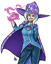 Size: 700x889 | Tagged: safe, artist:theartrix, imported from derpibooru, trixie, human, blue hair, cape, clothes, coat, female, gloves, grin, hat, hate, humanized, lipstick, magic, pants, smiling, solo, trixie's cape, trixie's hat