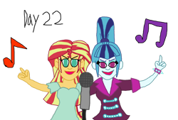 Size: 1088x734 | Tagged: safe, artist:bigpurplemuppet99, imported from derpibooru, sonata dusk, sunset shimmer, equestria girls, 30 day otp challenge, female, lesbian, microphone, music notes, shipping, simple background, singing, sunata, transparent background