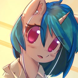 Size: 1000x1000 | Tagged: safe, artist:mirroredsea, imported from derpibooru, dj pon-3, vinyl scratch, pony, unicorn, blushing, bust, clothes, colored pupils, earbuds, female, looking at you, mare, missing accessory, open mouth, shirt, solo, twitter