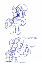 Size: 1500x2324 | Tagged: safe, artist:dilarus, deleted from derpibooru, imported from derpibooru, twilight sparkle, alicorn, pony, sparkles! the wonder horse!, dialogue, everything is ruined, female, looking at you, mare, mask, monochrome, open mouth, raised hoof, shrunken pupils, simple background, sketch, smiling, solo, twilight sparkle (alicorn), wat, white background, xk-class end-of-the-world scenario