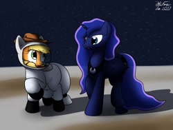 Size: 1280x967 | Tagged: safe, artist:the-furry-railfan, imported from derpibooru, part of a set, applejack, princess luna, alicorn, earth pony, pony, series:one small trot for a pony, applejack's hat, astronaut, clothes, cowboy hat, farming, hat, moon, part of a series, peytral, regalia, sequence, space, spacesuit, stars, story included, walking