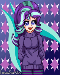 Size: 2639x3272 | Tagged: safe, artist:humanosiniestro, imported from derpibooru, starlight glimmer, equestria girls, clothes, cute, equestria girls-ified, female, glimmerbetes, human coloration, open mouth, pants, solo, sweater