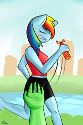 Size: 2000x3000 | Tagged: safe, artist:passigcamel, imported from derpibooru, rainbow dash, oc, oc:anon, anthro, belly button, blushing, clothes, female, gift giving, gritted teeth, hand, midriff, present, running, solo, tanktop, tsundere