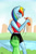 Size: 2000x3000 | Tagged: safe, artist:passigcamel, imported from derpibooru, rainbow dash, oc, oc:anon, anthro, belly button, blushing, clothes, female, gift giving, gritted teeth, hand, midriff, present, running, solo, tanktop, tsundere