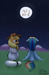 Size: 835x1280 | Tagged: safe, artist:the-furry-railfan, imported from derpibooru, part of a set, applejack, rainbow dash, earth pony, pegasus, pony, series:one small trot for a pony, applejack's hat, astronaut, cowboy hat, floppy ears, grin, hat, message, moon, mountain, night, outdoors, part of a series, sequence, smiling, smug, spacesuit, stars, story included, wings, wings down