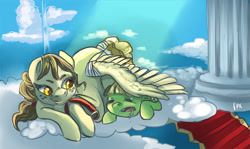 Size: 800x478 | Tagged: safe, artist:php154, artist:trojan-pony, imported from derpibooru, oc, oc only, oc:bananaphone, pegasus, pony, cloud, cloudsdale, duo, female, goggles, mare, sleeping