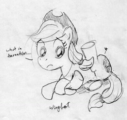 Size: 1200x1132 | Tagged: safe, artist:wingbeatpony, imported from derpibooru, applejack, earth pony, pony, dialogue, female, grayscale, horsedrawncarnage, knot, legs, monochrome, solo, tangled up, tied in a knot, traditional art, underhoof