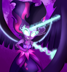 Size: 1024x1096 | Tagged: safe, artist:wubcakeva, imported from derpibooru, sci-twi, twilight sparkle, equestria girls, bare shoulders, blank eyes, evil, evil grin, female, glowing eyes, glowing horn, grin, midnight sparkle, sleeveless, smiling, solo, strapless, white eyes