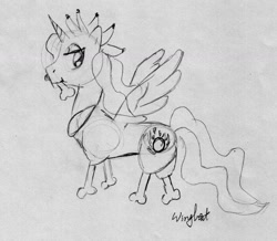 Size: 1200x1046 | Tagged: safe, artist:wingbeatpony, imported from derpibooru, princess celestia, chicken, pony, :t, bone, chicken leg, female, grayscale, horsedrawncarnage, legs, lidded eyes, looking at you, looking back, monochrome, mouth hold, smiling, solo, spread wings, traditional art, wat
